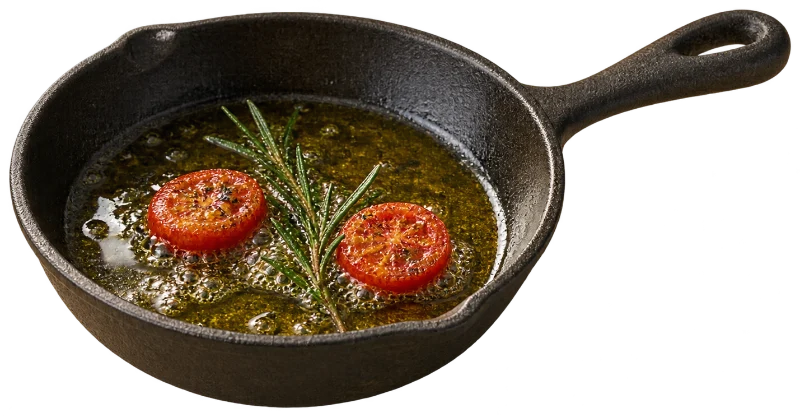 Gusseiserne Pfanne mit Olivenöl, Kirschtomaten und Rosmarin