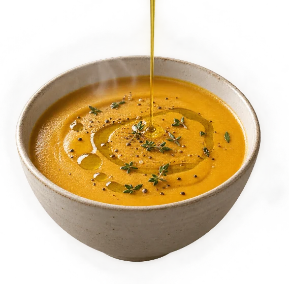 Schale Kürbissuppe, über die Olivenöl geträufelt wird
